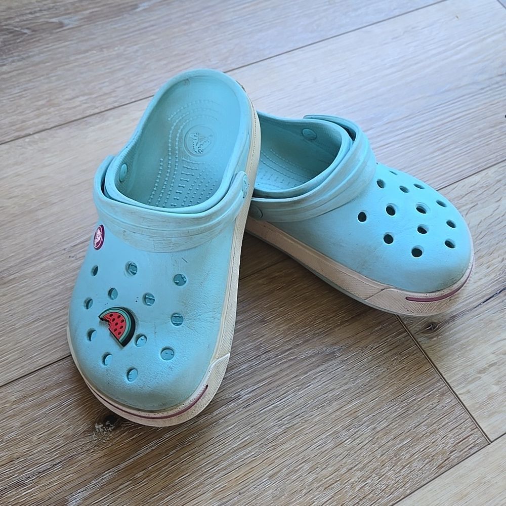 Crocs Light Blue Clogs Pink Accents 1 Watermelon crock charm included Kids Child